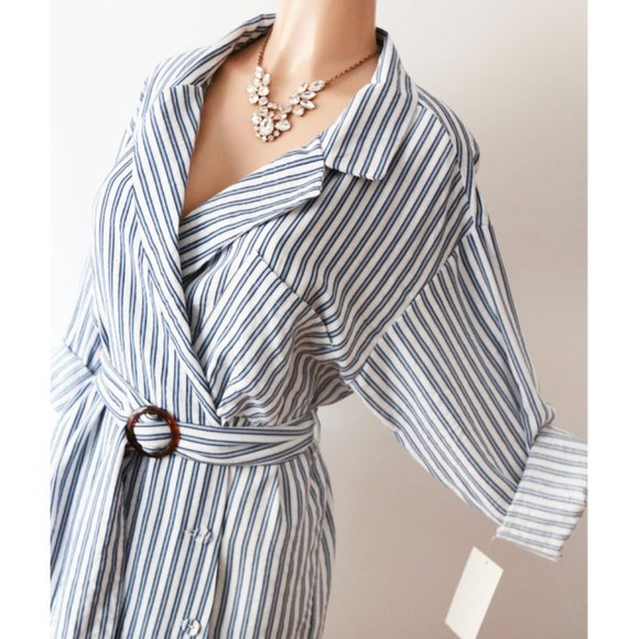 Zara Blue Stripe Belted Wrap Button Shirt Dress - Picture 6 of 8